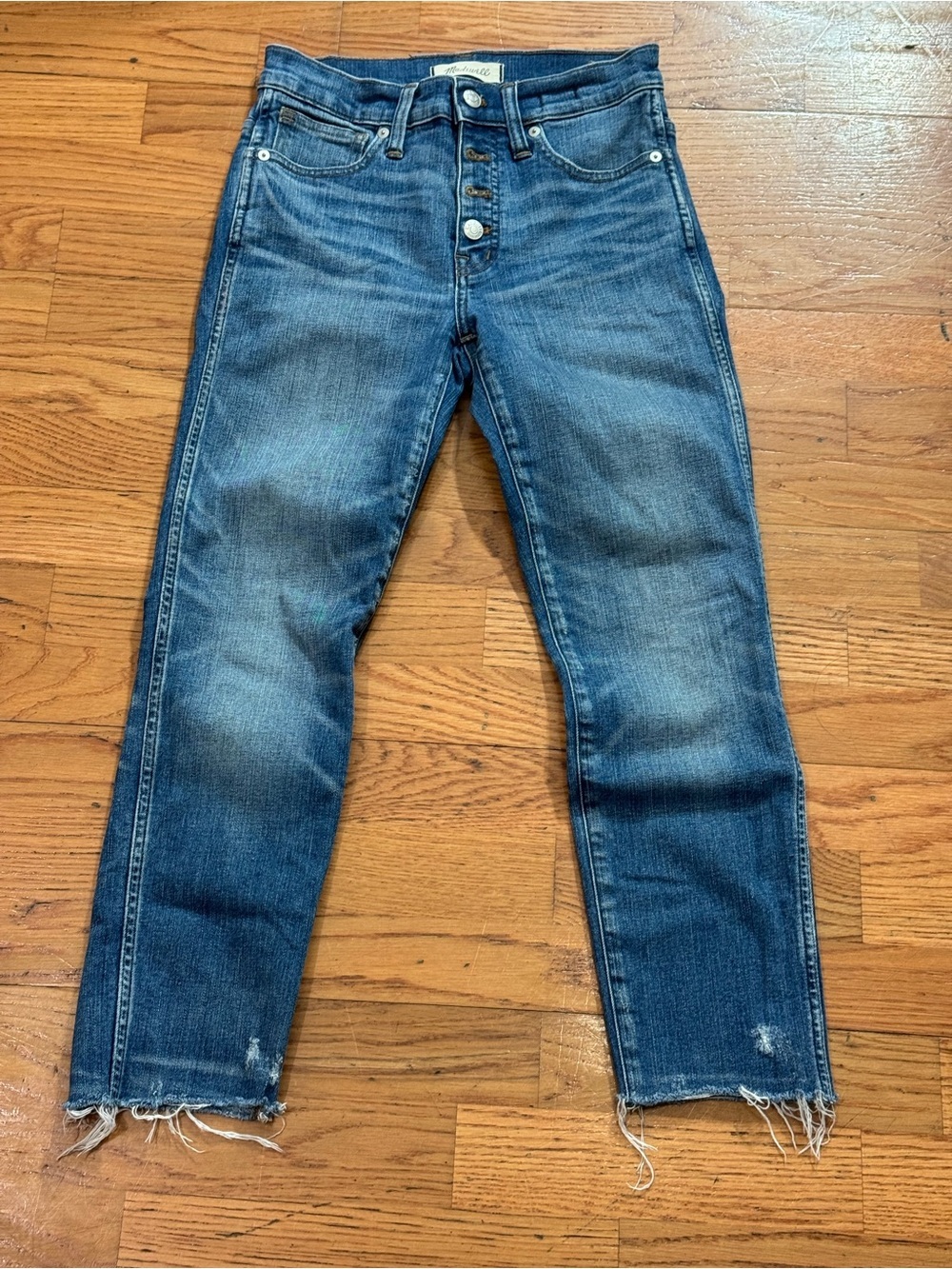 Madewell Slim Straight Midwash Button-Fly Straight Jeans with Raw Hem Women’s 25